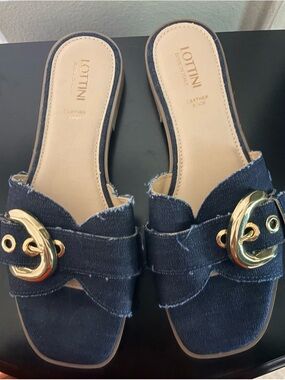 Italian, Lottini, Navy Denim Slide Sandals with Gold Buckle